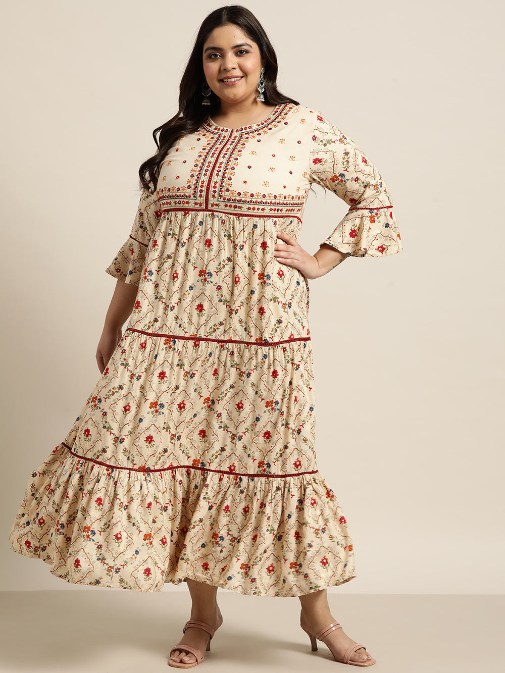 Juniper Women`s Beige Rayon Festive Wear Embroidered & Printed Tiered Dress