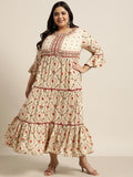 Juniper Women`s Beige Rayon Festive Wear Embroidered & Printed Tiered Dress