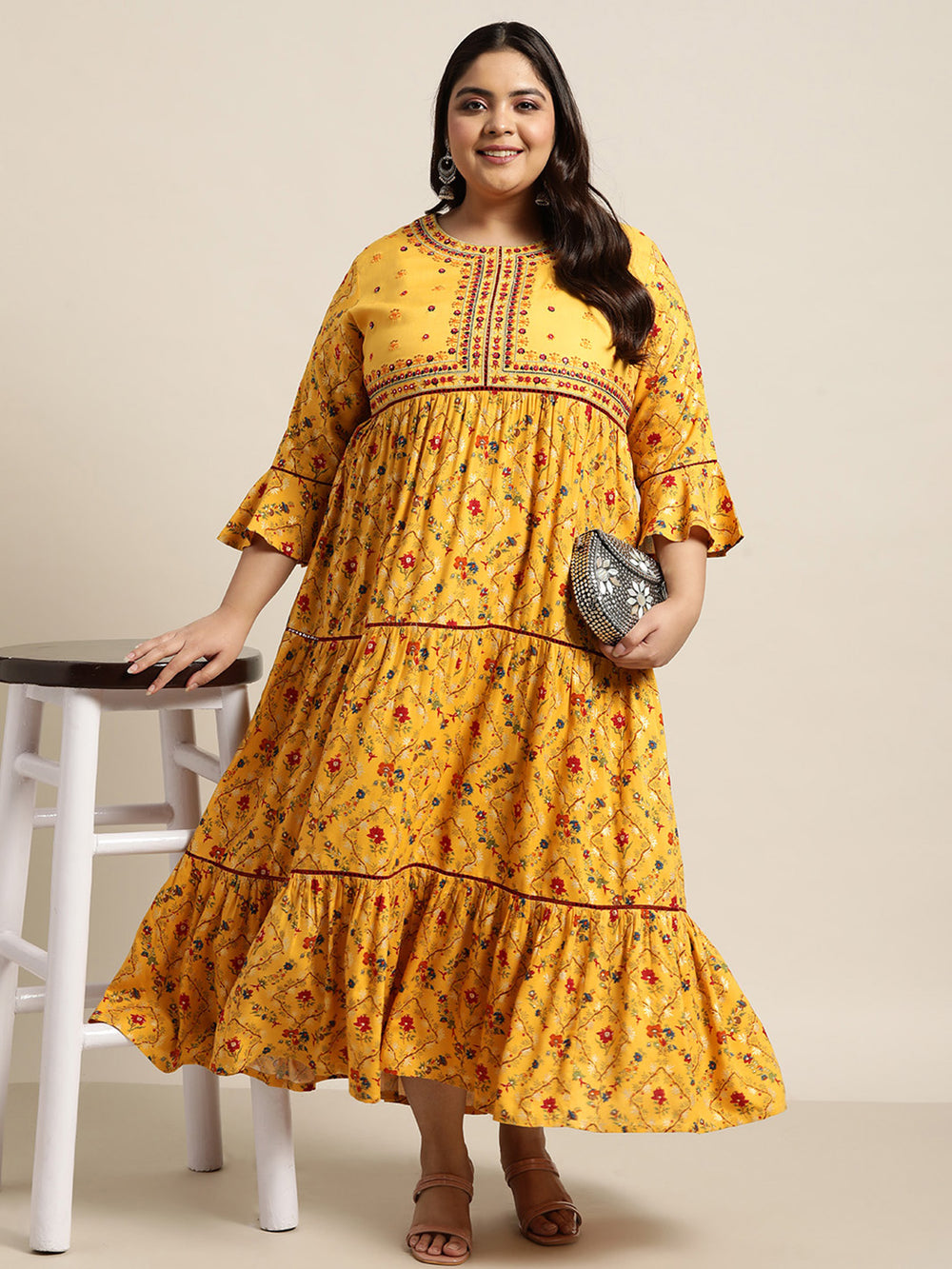 Juniper Women`s Yellow Rayon Festive Wear Embroidered & Printed Tiered Dress