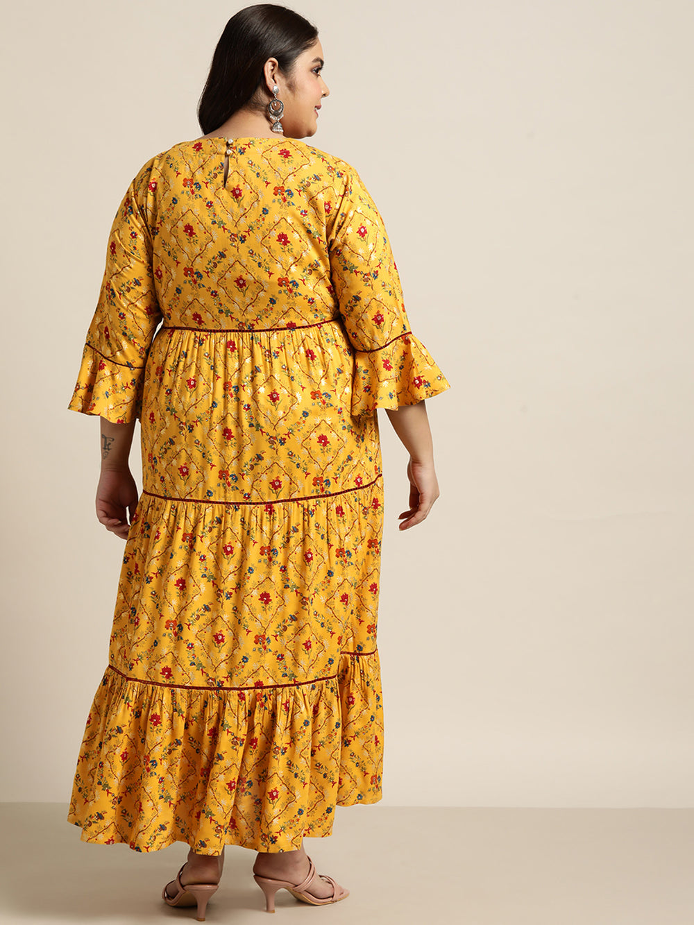 Juniper Women`s Yellow Rayon Festive Wear Embroidered & Printed Tiered Dress