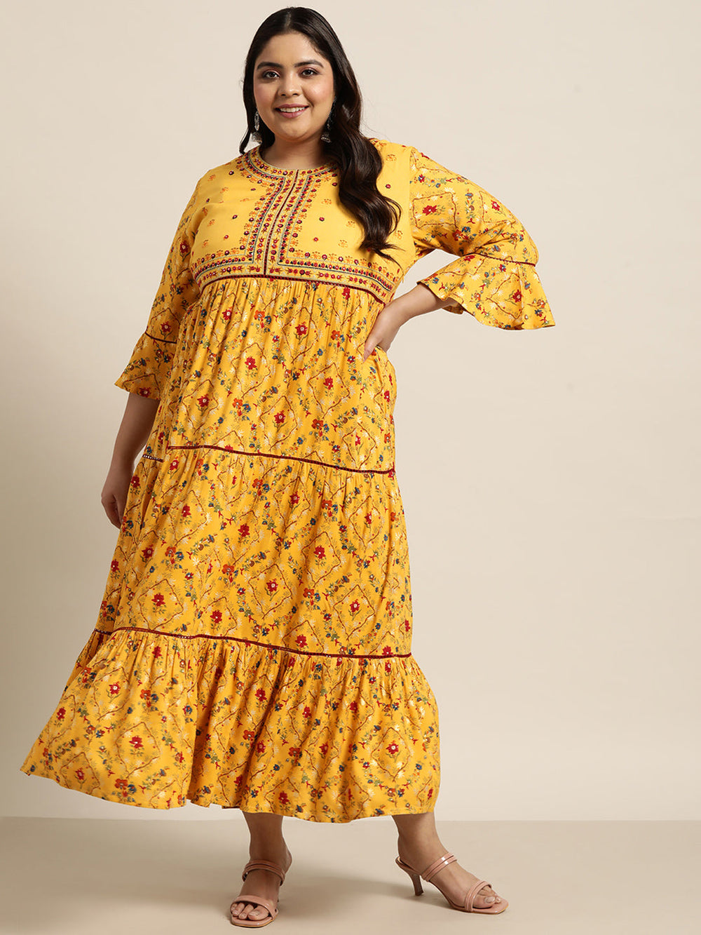 Juniper Women`s Yellow Rayon Festive Wear Embroidered & Printed Tiered Dress