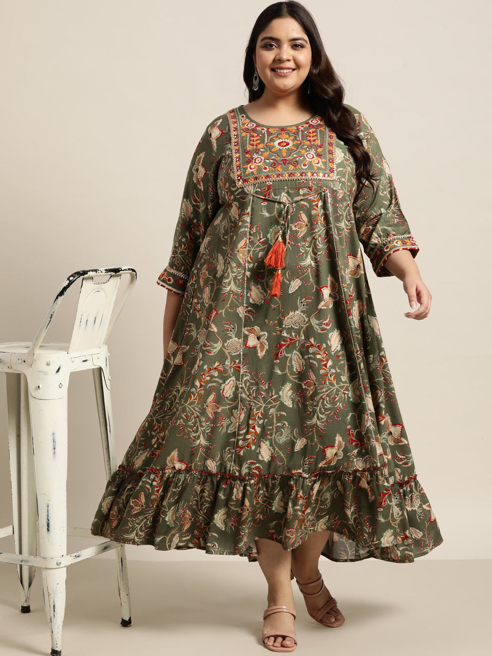 Juniper Women`s Mehendi Green Rayon Festive Wear Embroidered & Printed Tiered Dress