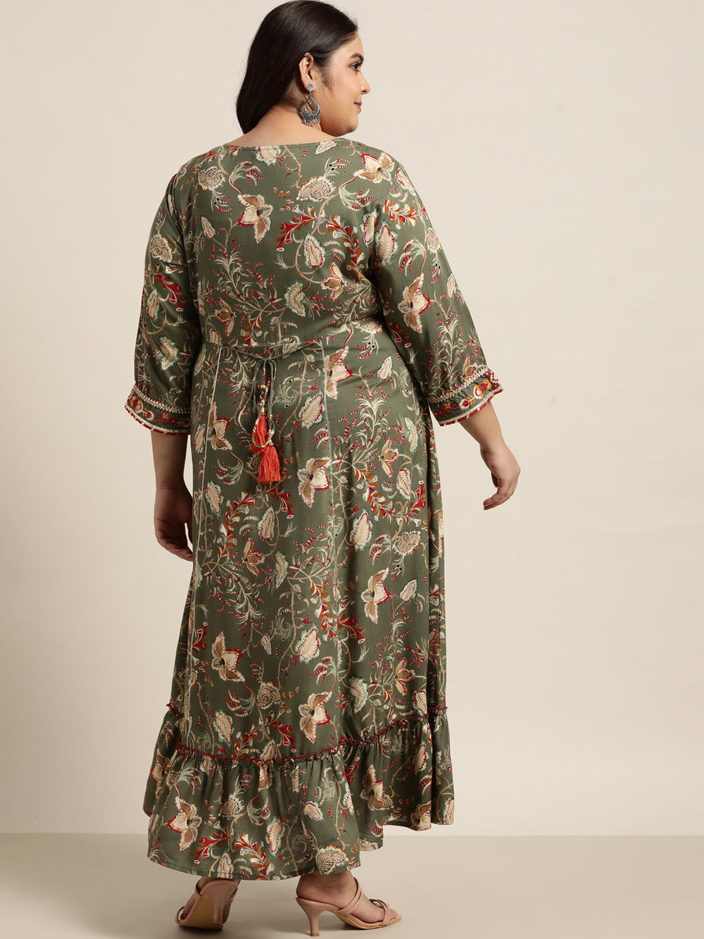 Juniper Women`s Mehendi Green Rayon Festive Wear Embroidered & Printed Tiered Dress