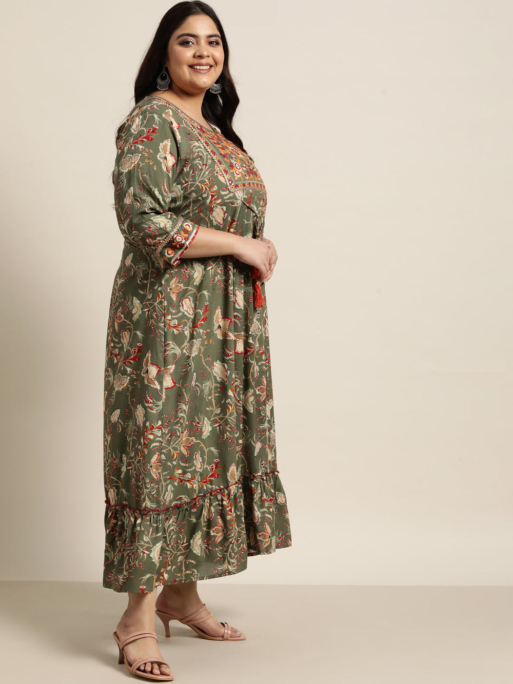 Juniper Women`s Mehendi Green Rayon Festive Wear Embroidered & Printed Tiered Dress