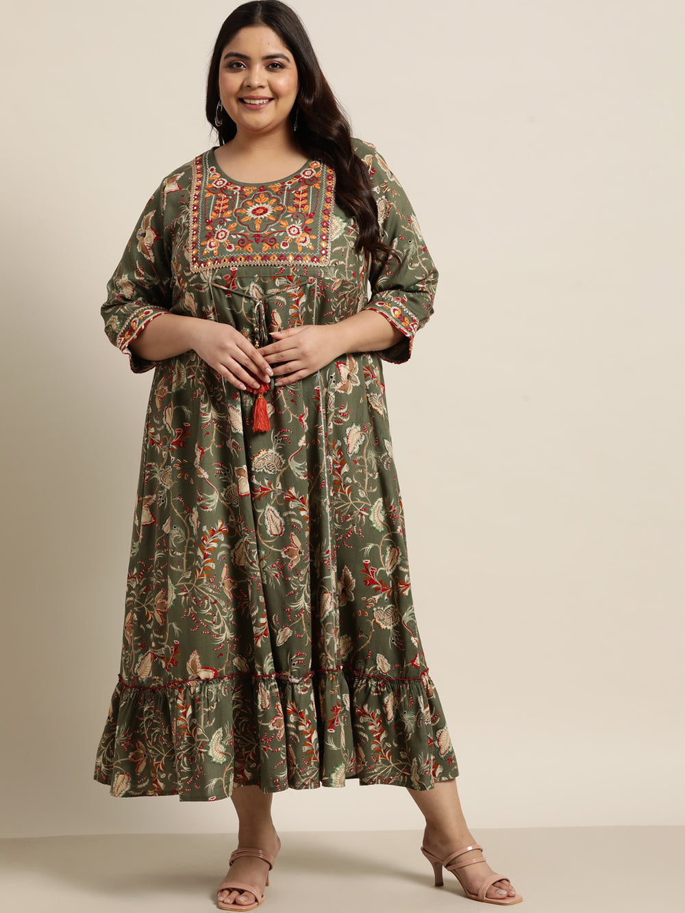 Juniper Women`s Mehendi Green Rayon Festive Wear Embroidered & Printed Tiered Dress