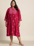 Juniper Women`s Fuchsia Rayon Casual Wear Printed Flared Dress