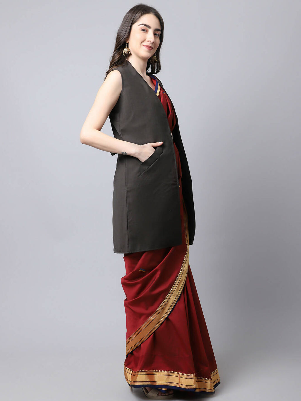 Even Apparels Brown Polywool Open Front Women's Long Coat