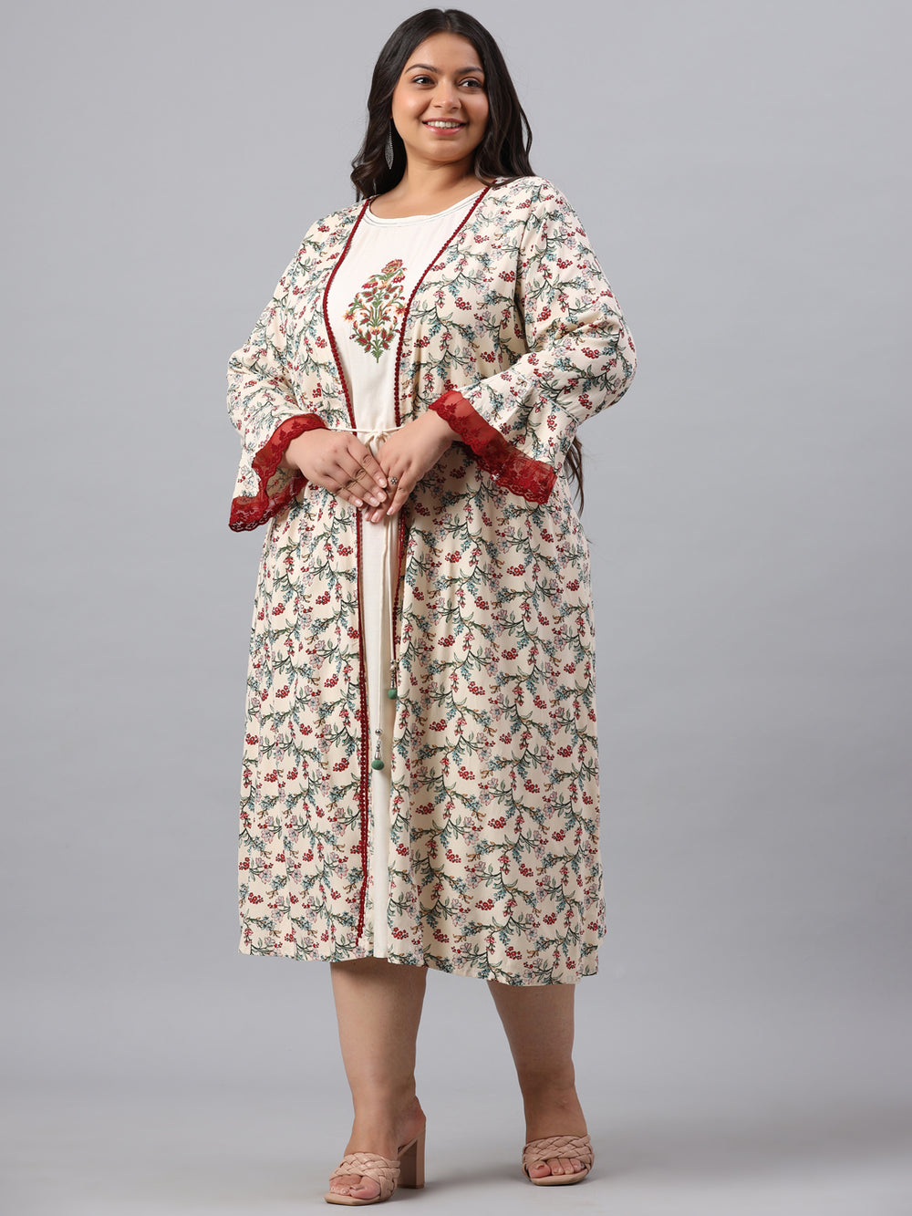 Juniper Women`s Ivory Rayon Festive Wear Embroidered & Printed Flared Dress