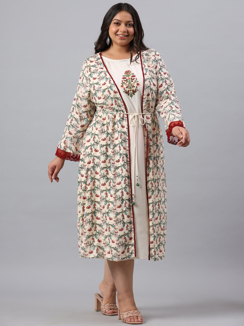 Juniper Women`s Ivory Rayon Festive Wear Embroidered & Printed Flared Dress