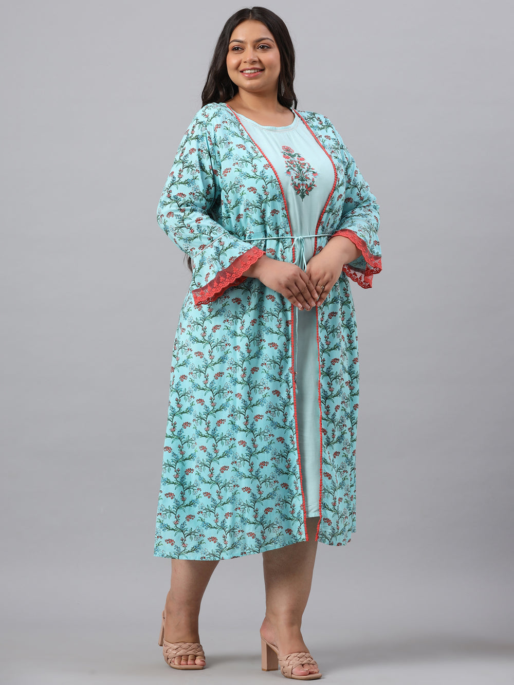 Juniper Women`s Sky Blue Rayon Festive Wear Embroidered & Printed Flared Dress