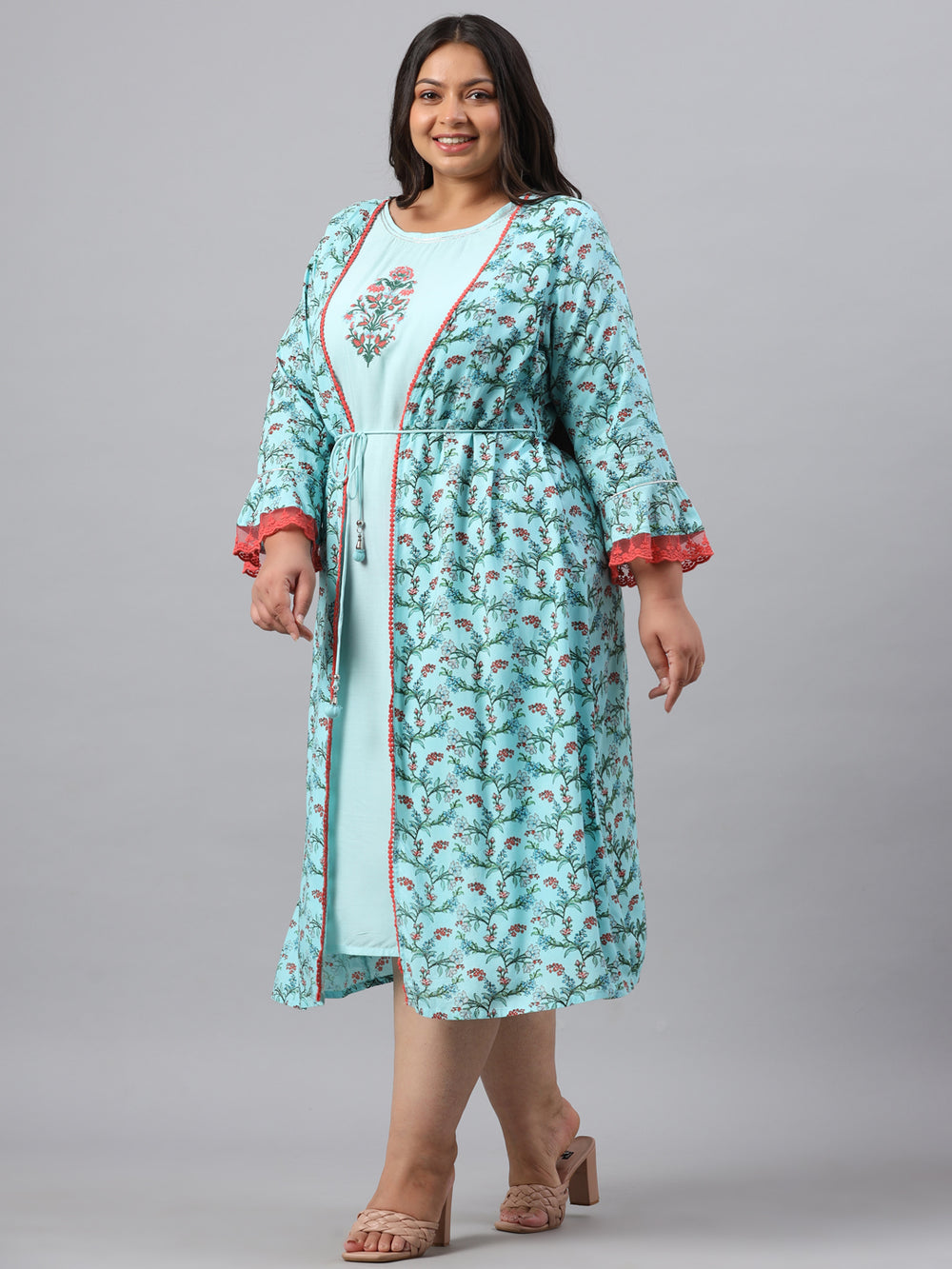 Juniper Women`s Sky Blue Rayon Festive Wear Embroidered & Printed Flared Dress