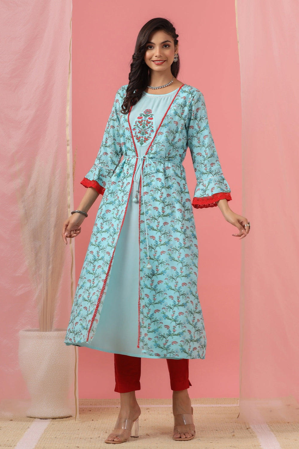 Juniper Women`s Skyblue Rayon Embroidered & Printed Flared Dress