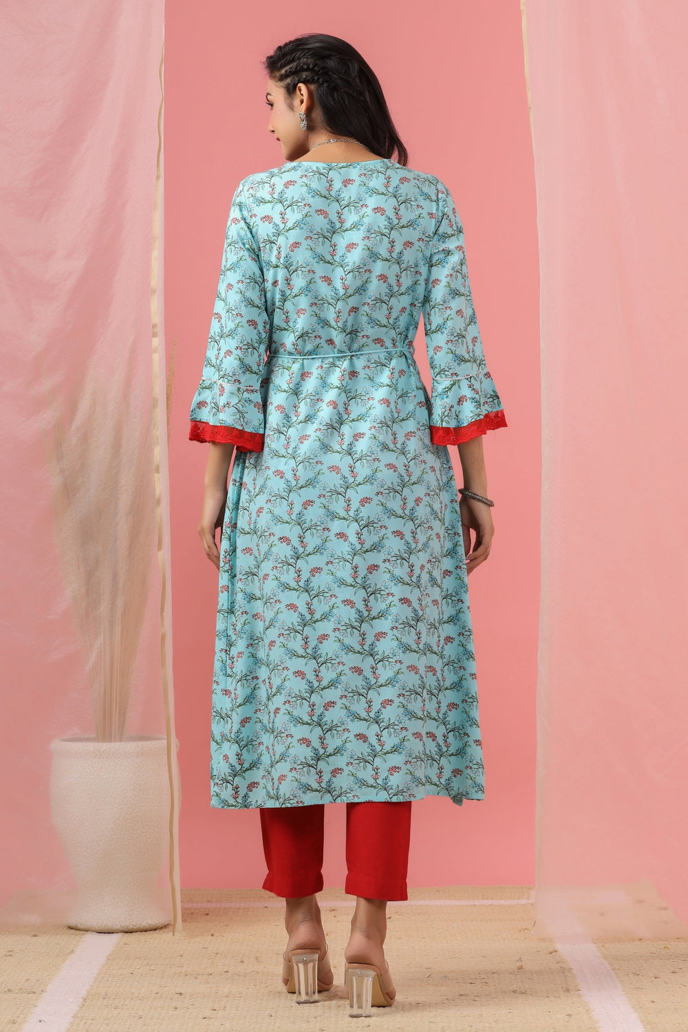 Juniper Women`s Skyblue Rayon Embroidered & Printed Flared Dress