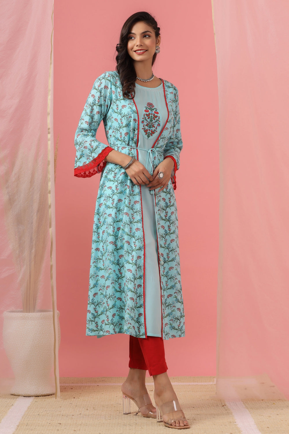 Juniper Women`s Skyblue Rayon Embroidered & Printed Flared Dress