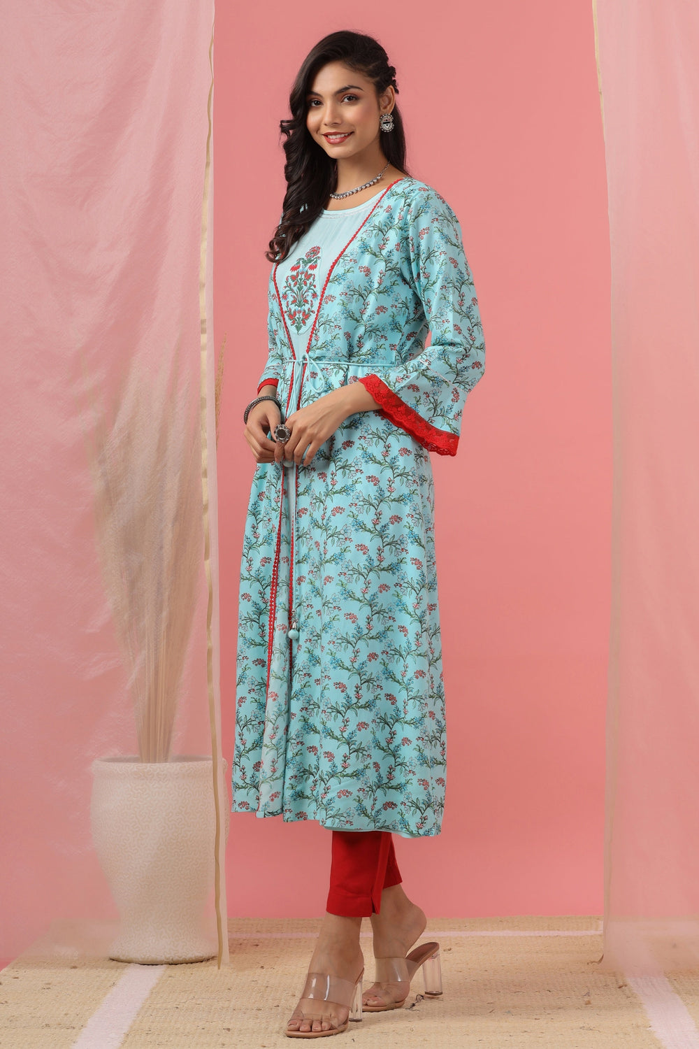 Juniper Women`s Skyblue Rayon Embroidered & Printed Flared Dress