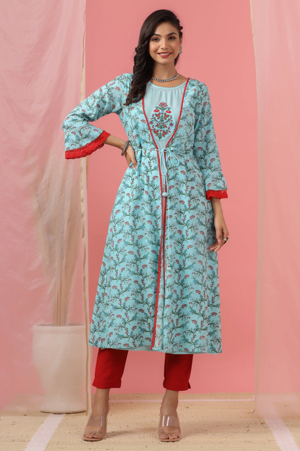 Juniper Women`s Skyblue Rayon Embroidered & Printed Flared Dress