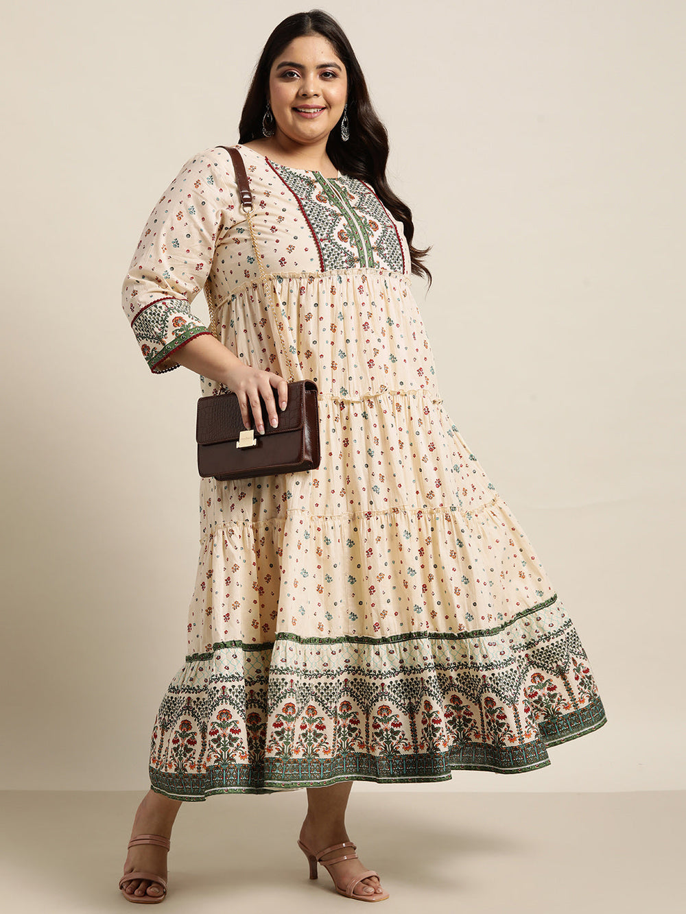 Juniper Women`s Ivory Cambric Festive Wear Printed Tiered Dress