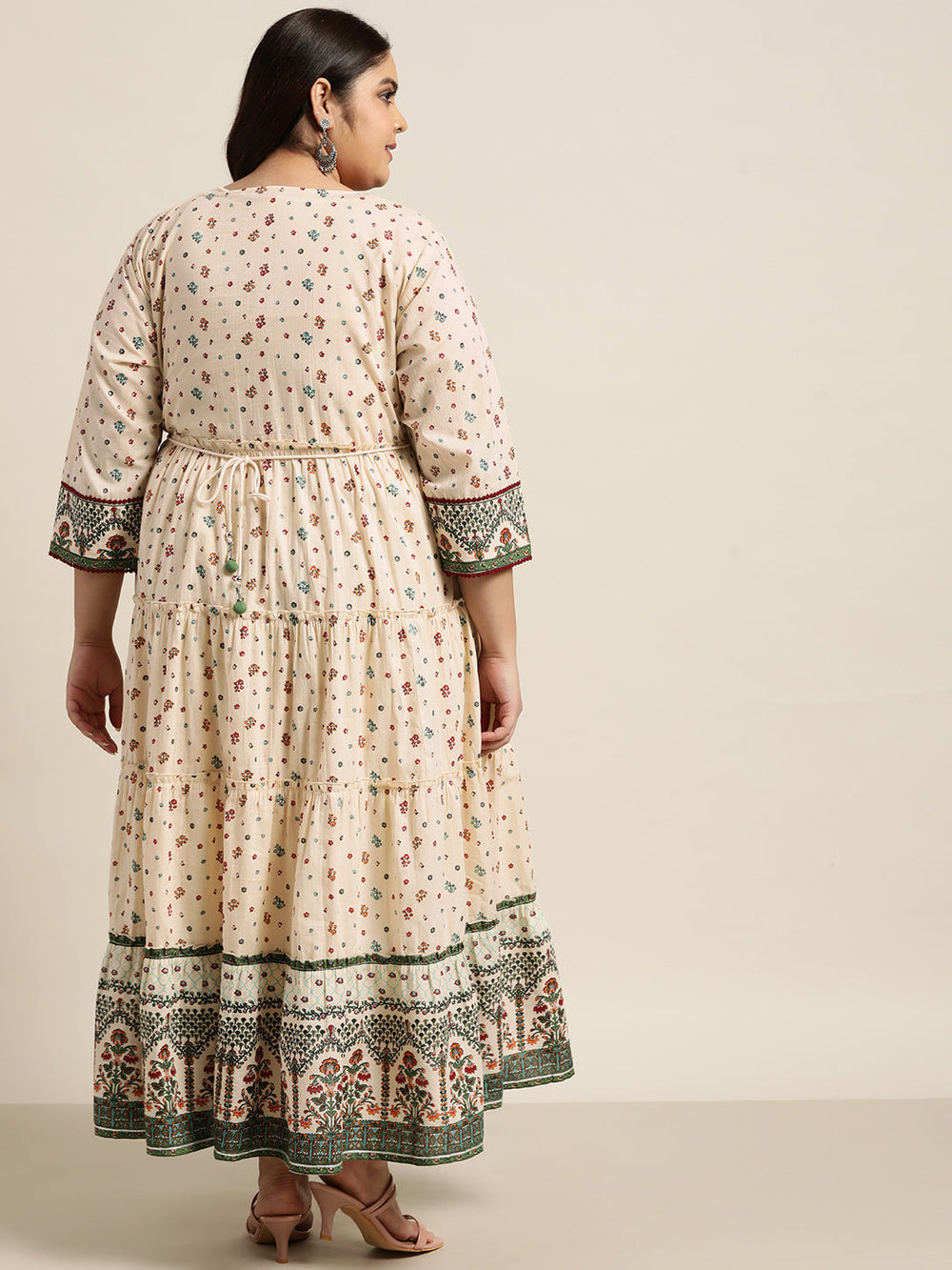 Juniper Women`s Ivory Cambric Festive Wear Printed Tiered Dress