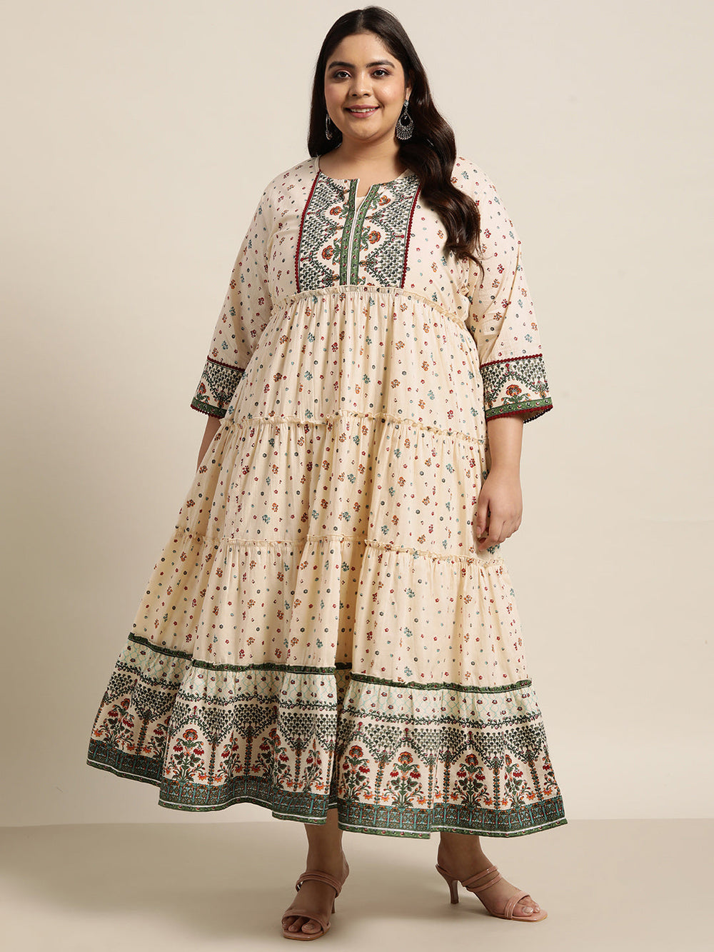Juniper Women`s Ivory Cambric Festive Wear Printed Tiered Dress