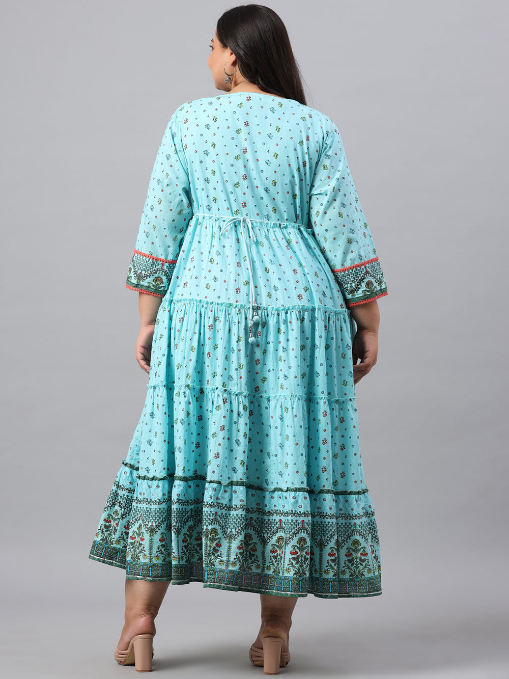 Juniper Women`s Sky Blue Cambric Festive Wear Printed Tiered Dress