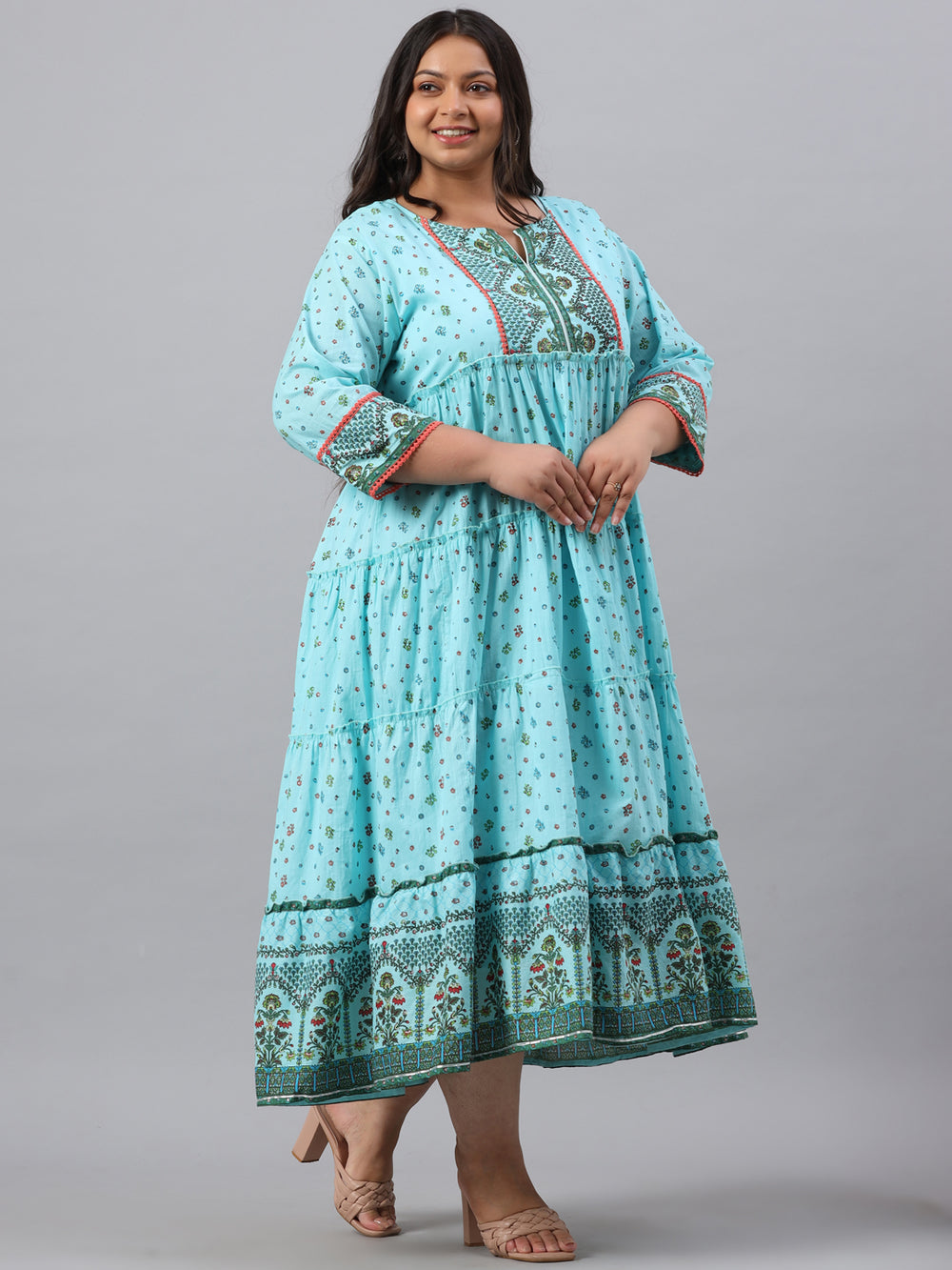 Juniper Women`s Sky Blue Cambric Festive Wear Printed Tiered Dress