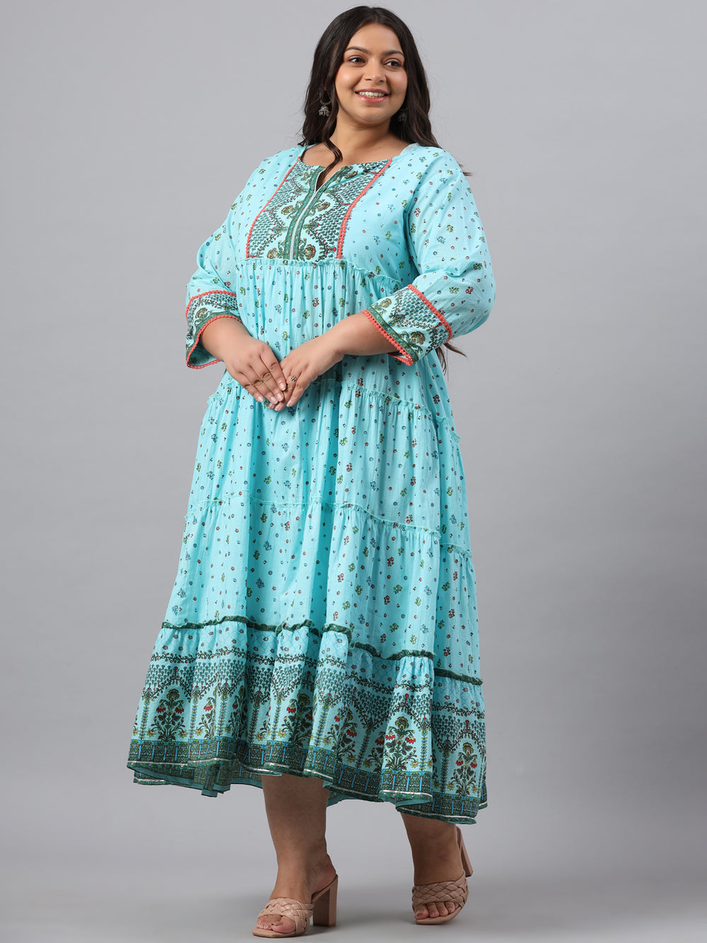 Juniper Women`s Sky Blue Cambric Festive Wear Printed Tiered Dress