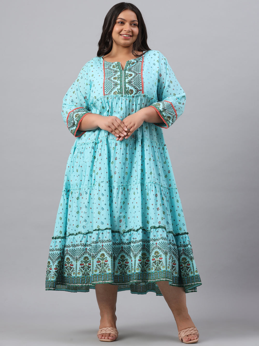 Juniper Women`s Sky Blue Cambric Festive Wear Printed Tiered Dress