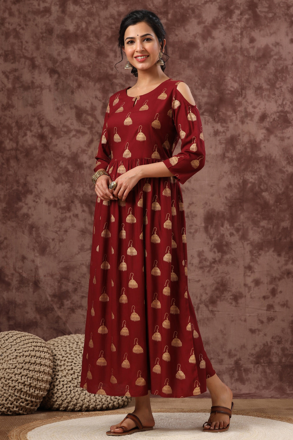 Juniper Women's Juniper Wome Maroon Rayon Printed Fit And Flared Dress