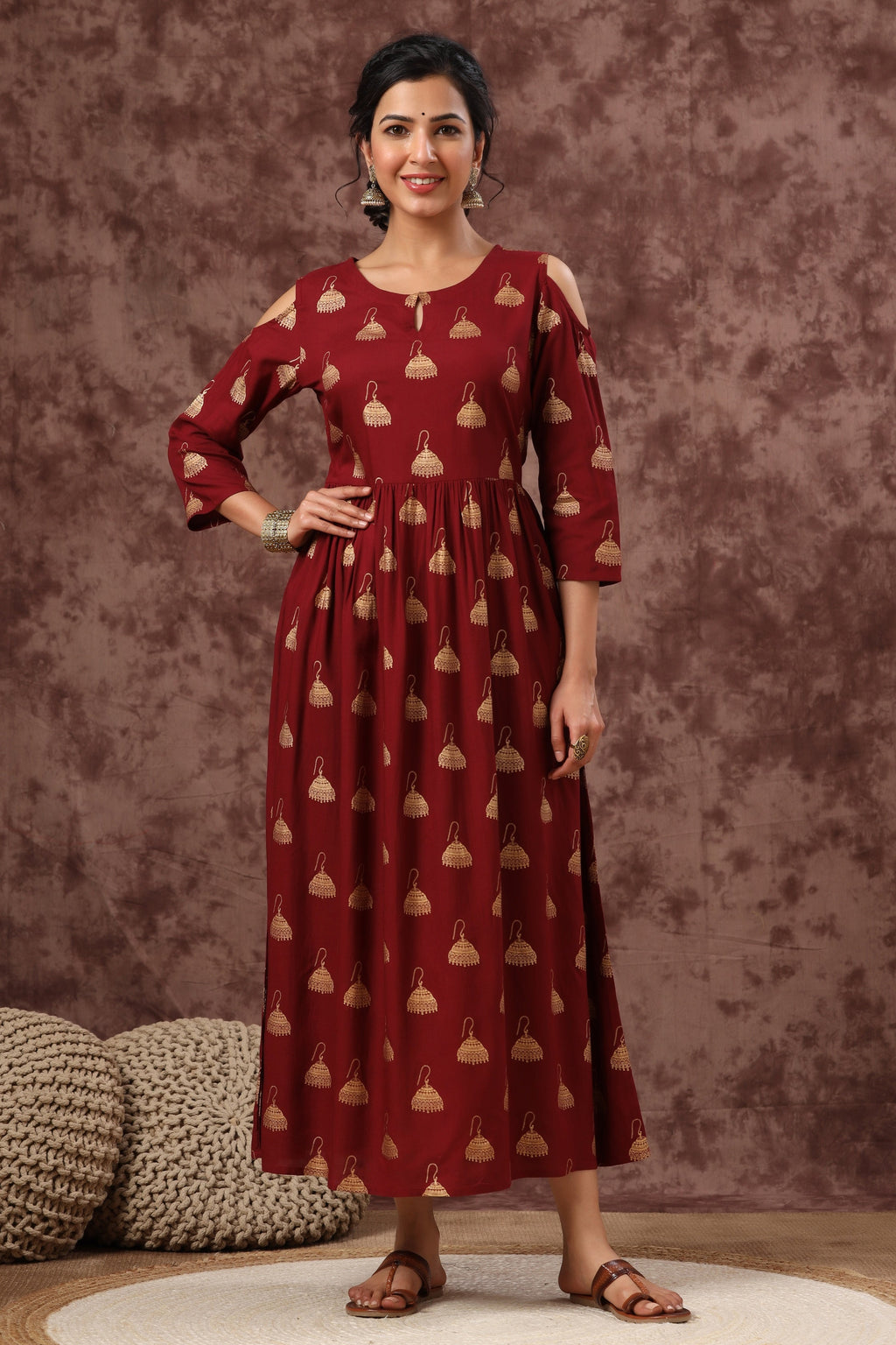 Juniper Women's Juniper Wome Maroon Rayon Printed Fit And Flared Dress