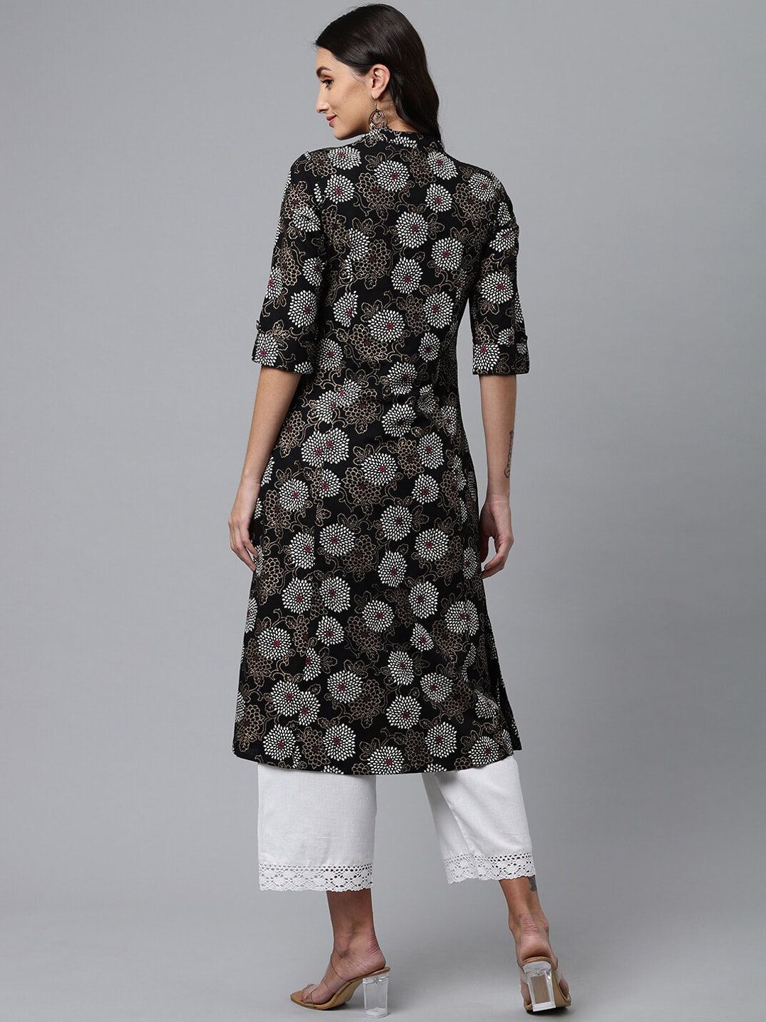 HERE&NOW Mandarin Collar Floral Printed Cotton Kurta
