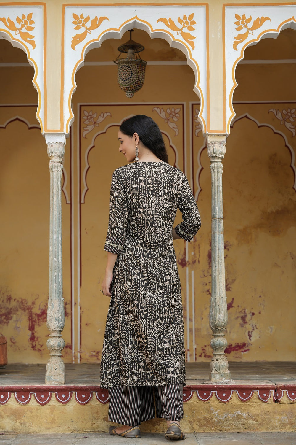 Juniper Women`s Black Rayon Staple Embroidered & Printed A-Line Kurta Sets