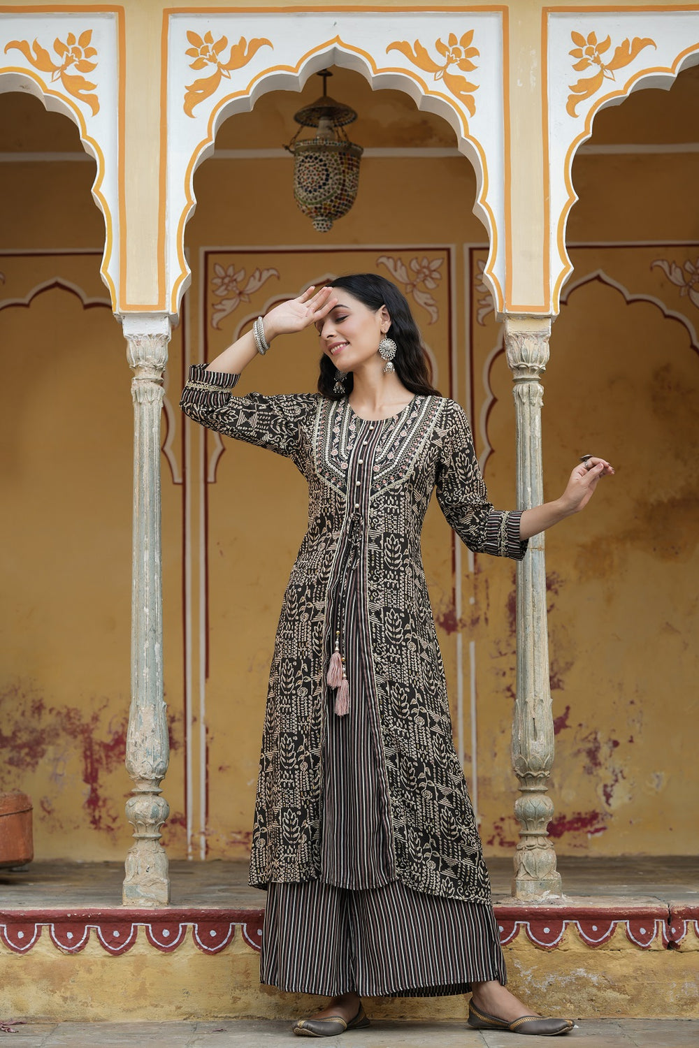 Juniper Women`s Black Rayon Staple Embroidered & Printed A-Line Kurta Sets