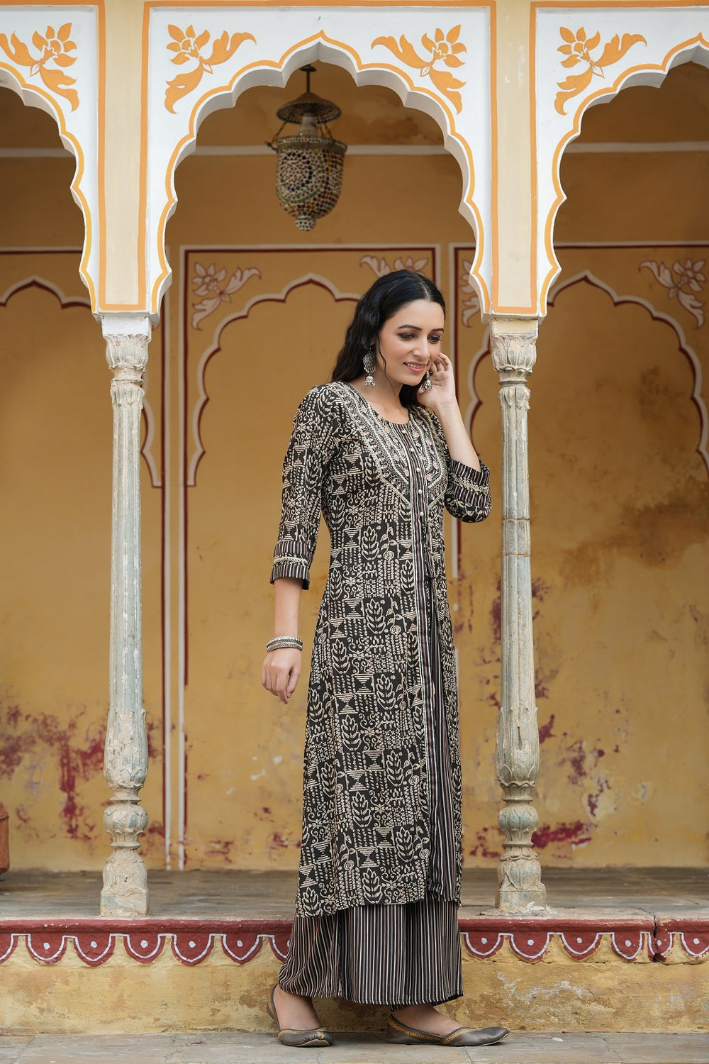Juniper Women`s Black Rayon Staple Embroidered & Printed A-Line Kurta Sets