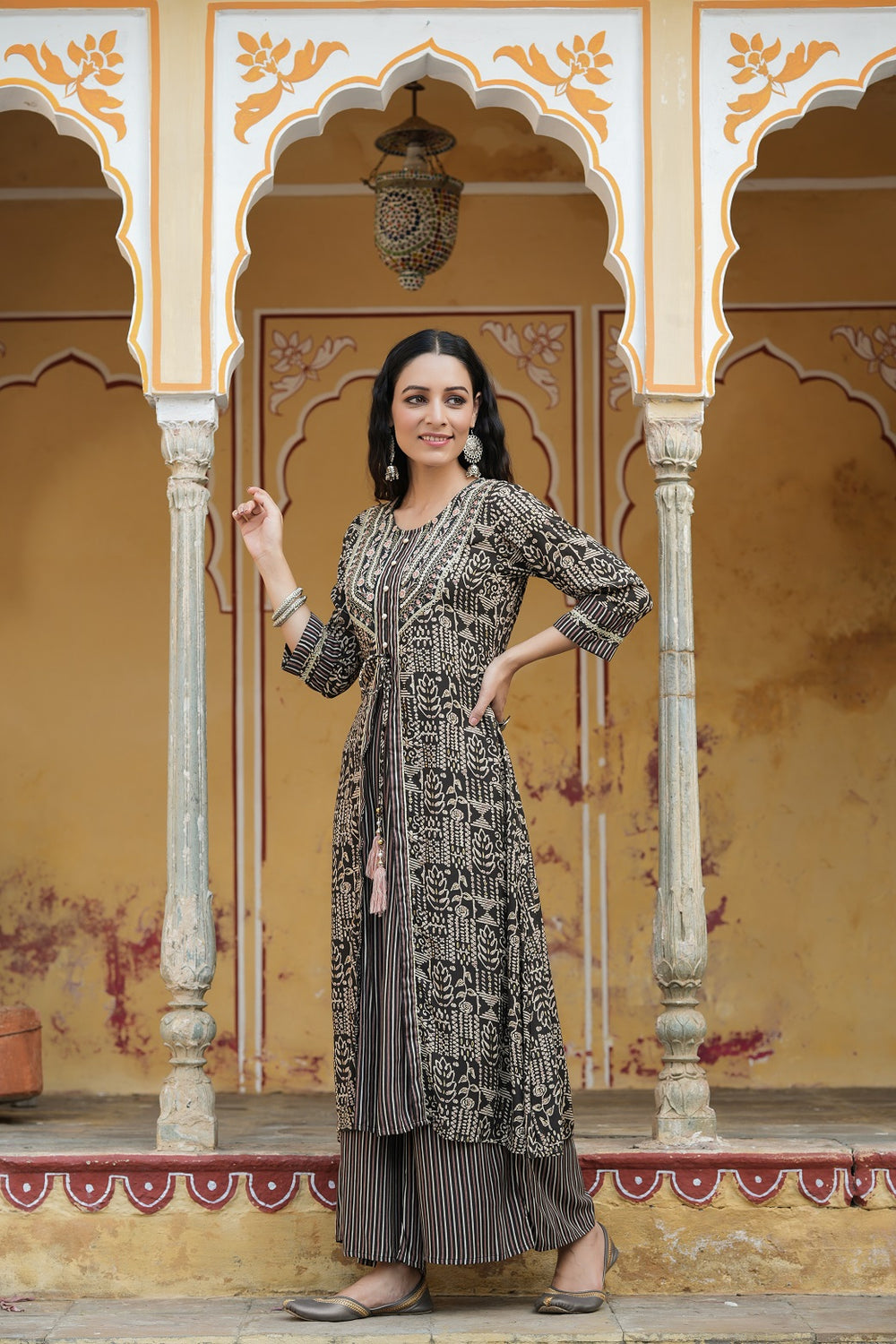 Juniper Women`s Black Rayon Staple Embroidered & Printed A-Line Kurta Sets