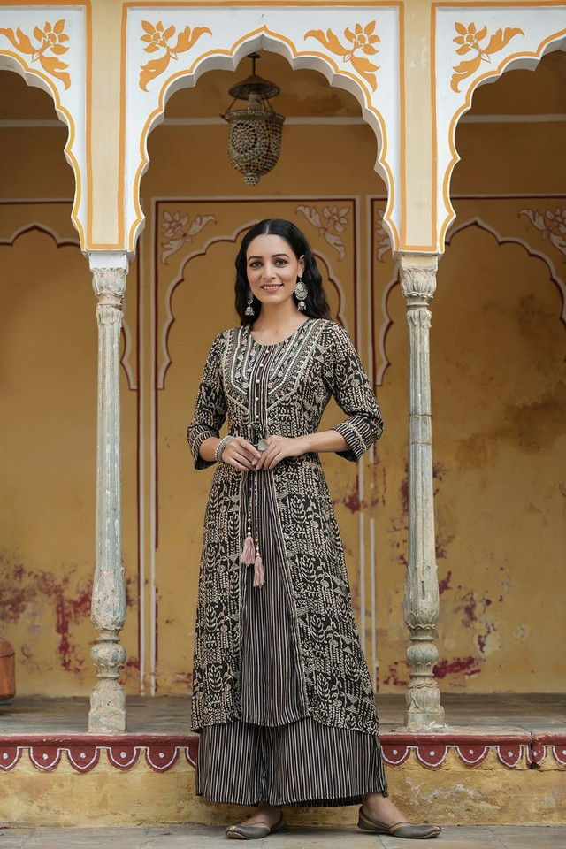 Juniper Women`s Black Rayon Staple Embroidered & Printed A-Line Kurta Sets
