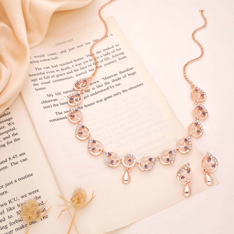 Tehzeeb Creations Brass Rose Gold-Polished Lavender Colour Necklace With Earrings