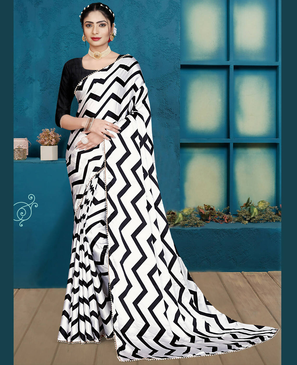 Black Japan Satin Stripe Printed Saree With Unstitched Blouse Piece - Laavanya