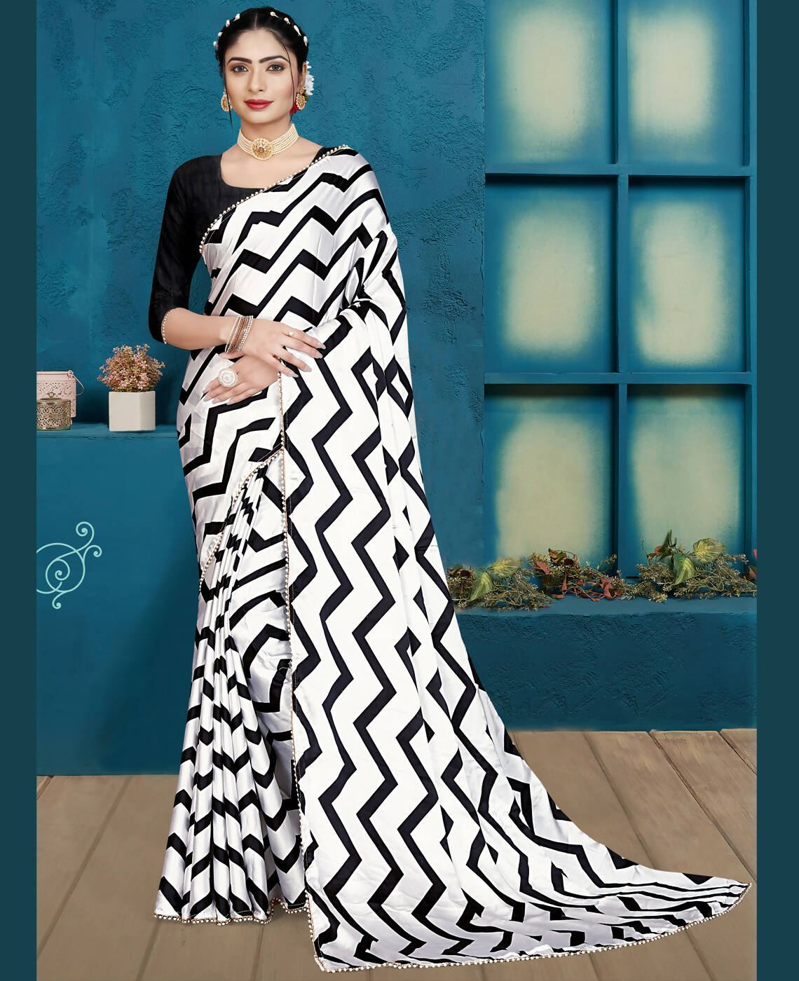 Black Japan Satin Stripe Printed Saree With Unstitched Blouse Piece - Laavanya