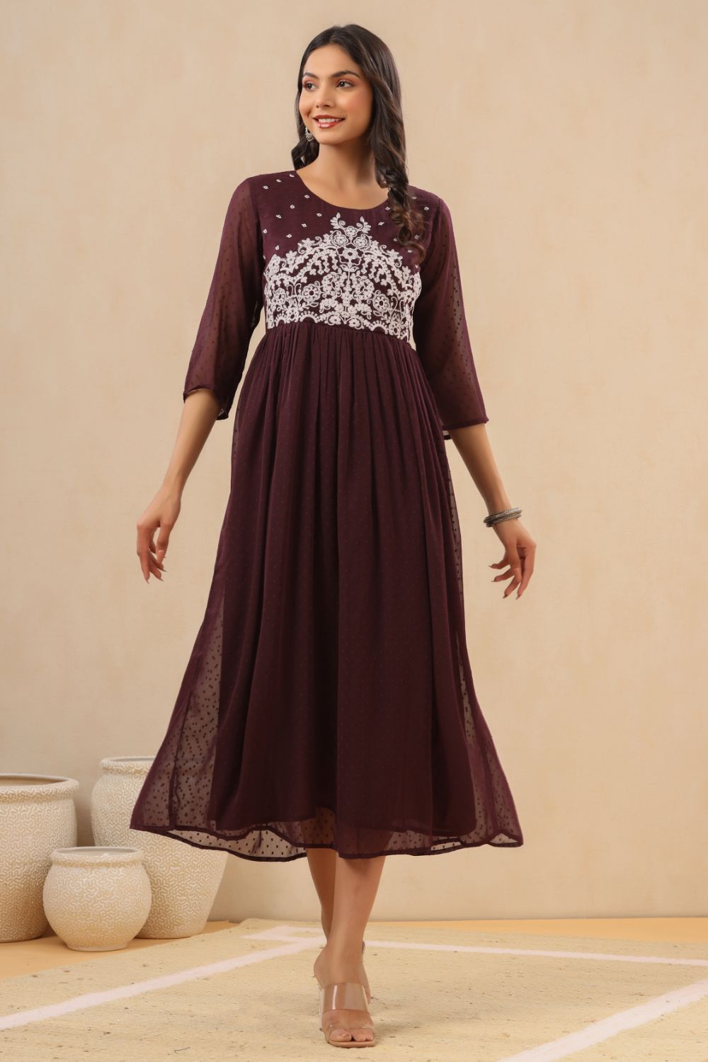 Juniper Womens Purple Chiffon Dobby Embroidered Maxi Dress