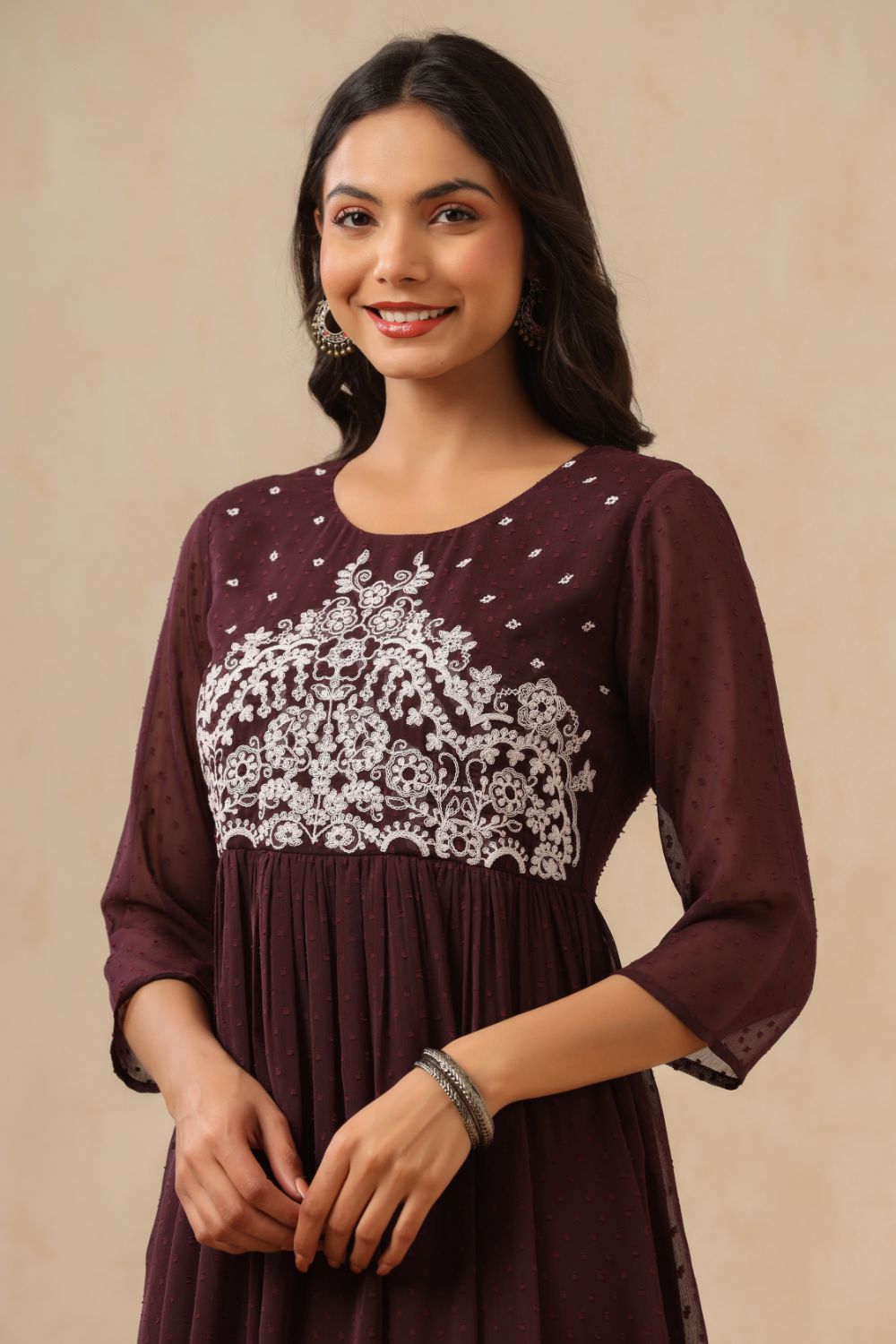 Juniper Womens Purple Chiffon Dobby Embroidered Maxi Dress