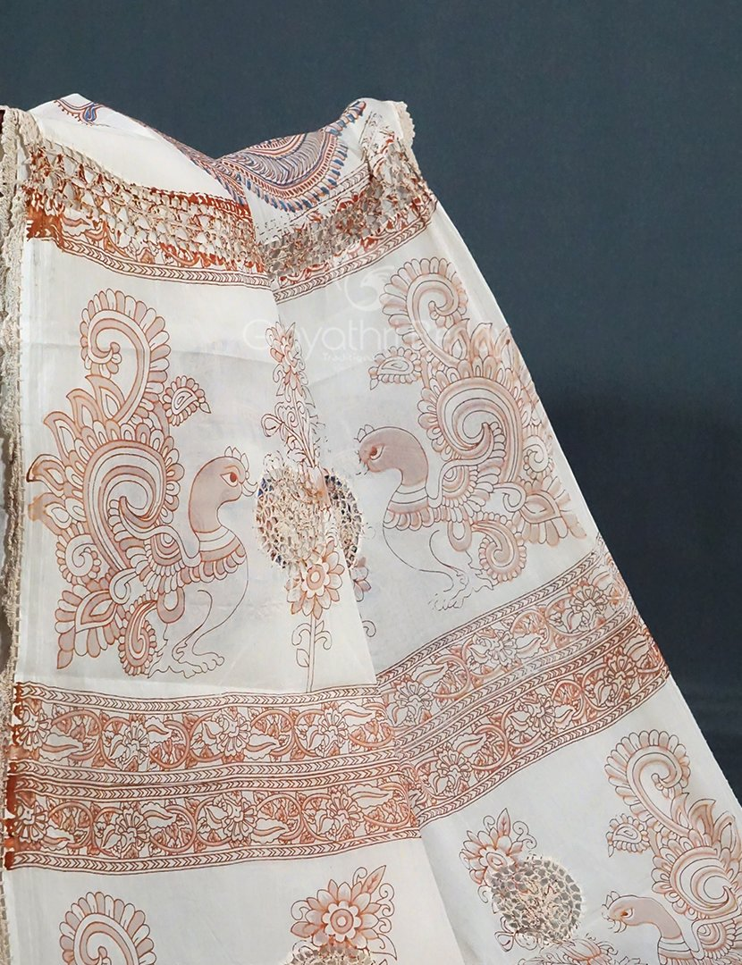 Cream Colour Peacock Block Print Crocia Mulmul Cotton Saree By Gayathri Reddy Designer Studio