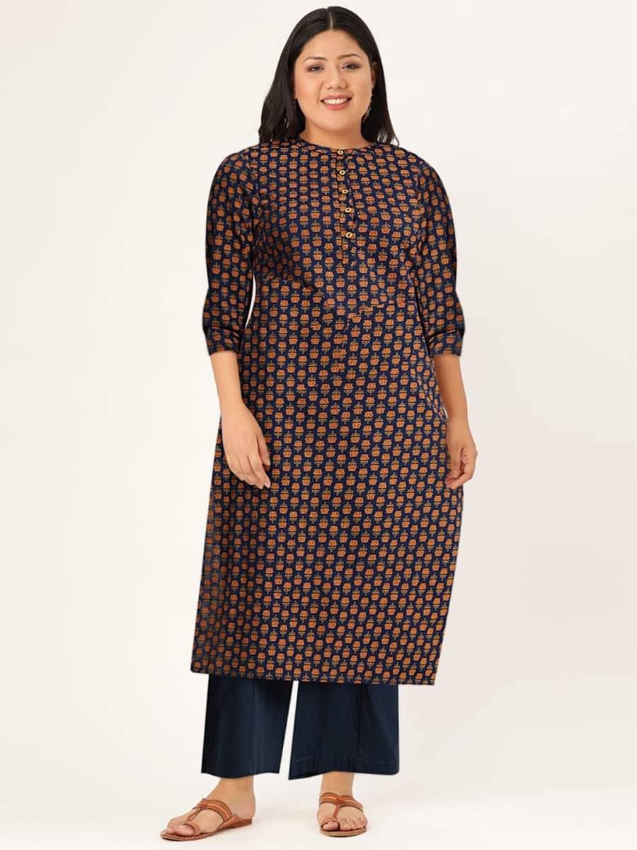 All About You Women Navy Blue & Gold-Toned Ethnic Motifs Printed Regular Kurta