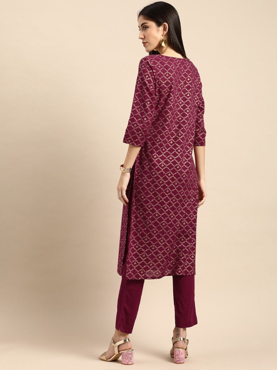 All About You Women Maroon Woven Design Pure Cotton Kurta with Trousers