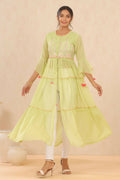 Juniper Women Green Chiffon Embroidered Tiered Kurta