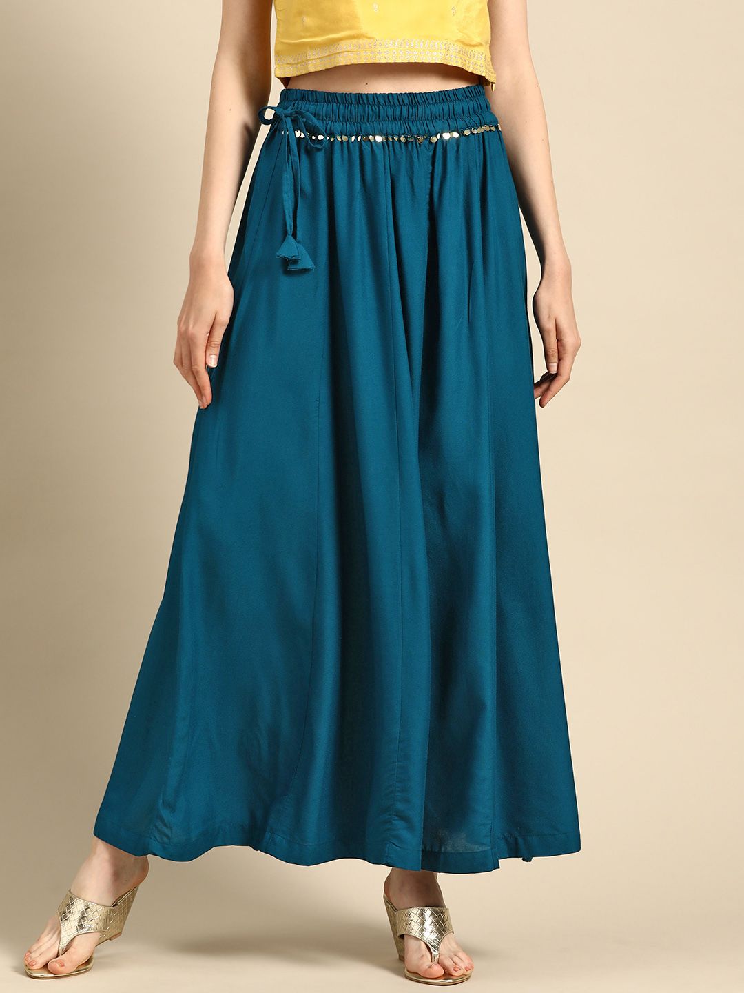 TAG 7 Women Teal Blue Solid Flared Palazzos