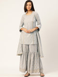 HERE&NOW Women Grey Floral Printed Panelled Gotta Patti Pure Cotton Kurti with Sharara With Dupatta
