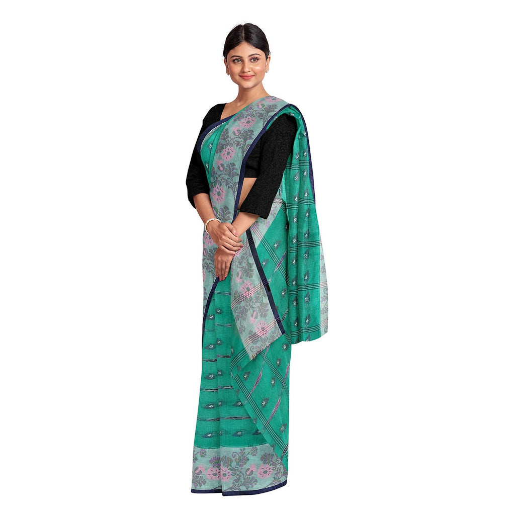 Exclusive Collection 100% Pure Cotton Green Tant Saree With Hand Weaving Work