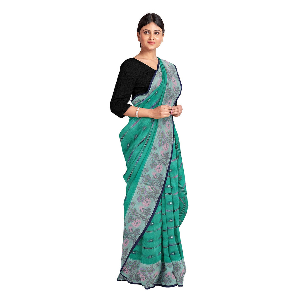 Exclusive Collection 100% Pure Cotton Green Tant Saree With Hand Weaving Work