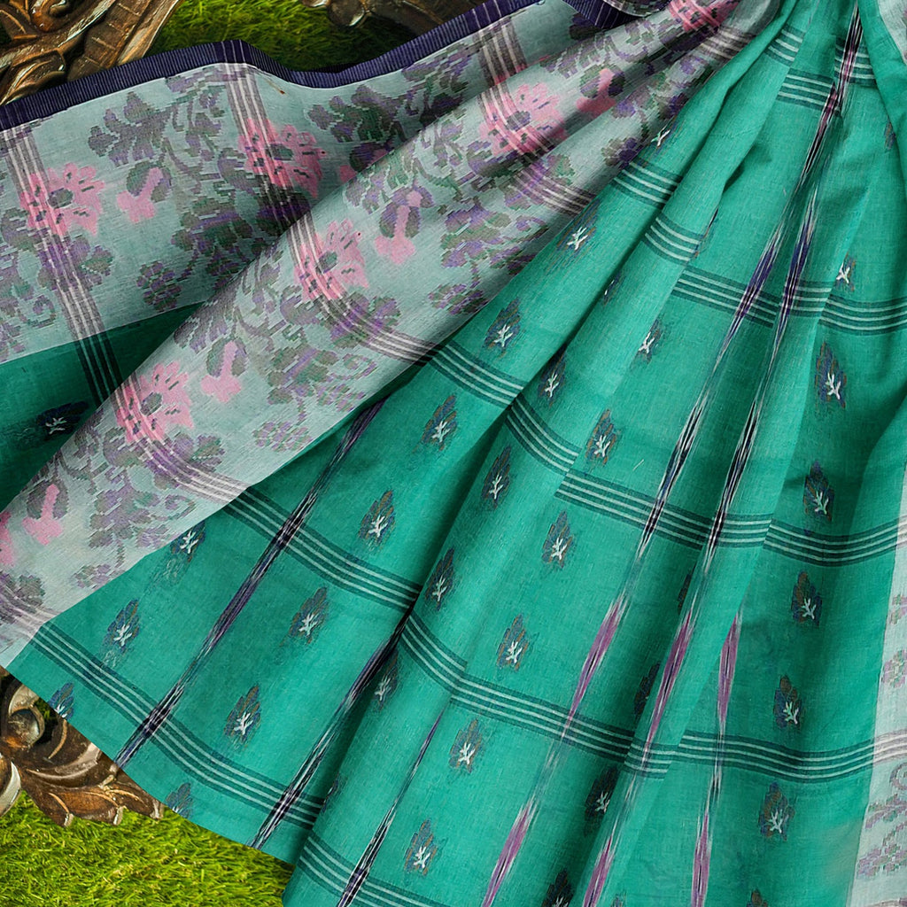 Exclusive Collection 100% Pure Cotton Green Tant Saree With Hand Weaving Work