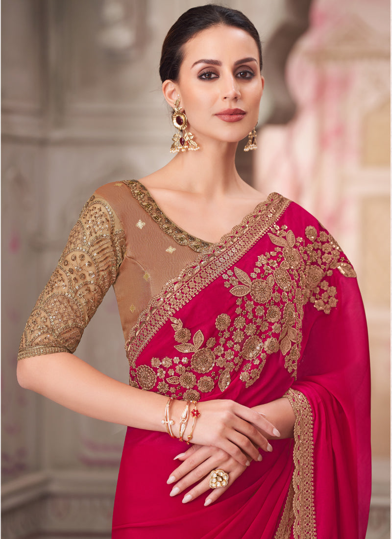 Vegaa Fashion Red Beige Sequence Embroidered Traditional Wedding Saree Party Wear Saree